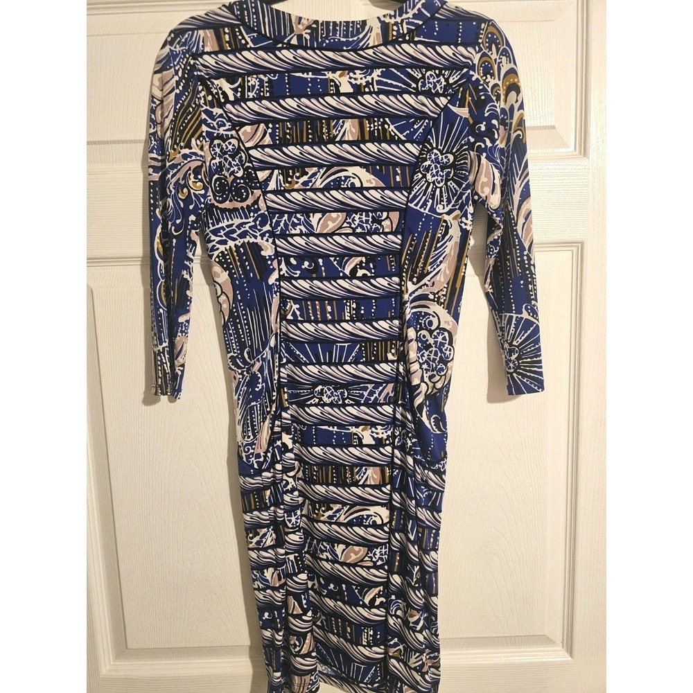 BCBG MaxAzria Dress Size Small Blue Printed Paneled Formal Sheath 3/4 Sleeves - Picture 9 of 10